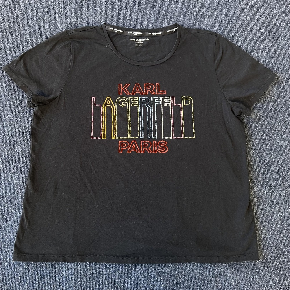 Karl Lagerfeld Paris Shirt Womens Extra Large Black Rhinestone Logo Graphic Tee